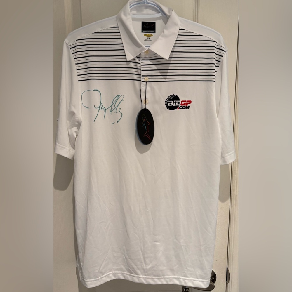 Jerry Kelly PGA Autographed Golf Shirt - Greg Norman Size M NWT 2014 Tourney